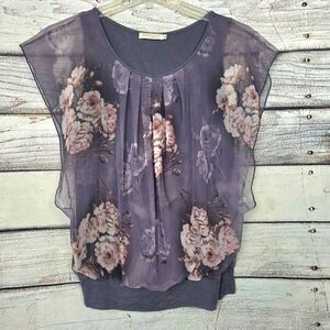 BaiShengGT Sheer Floral Overlay Blouse Gray Women’s M